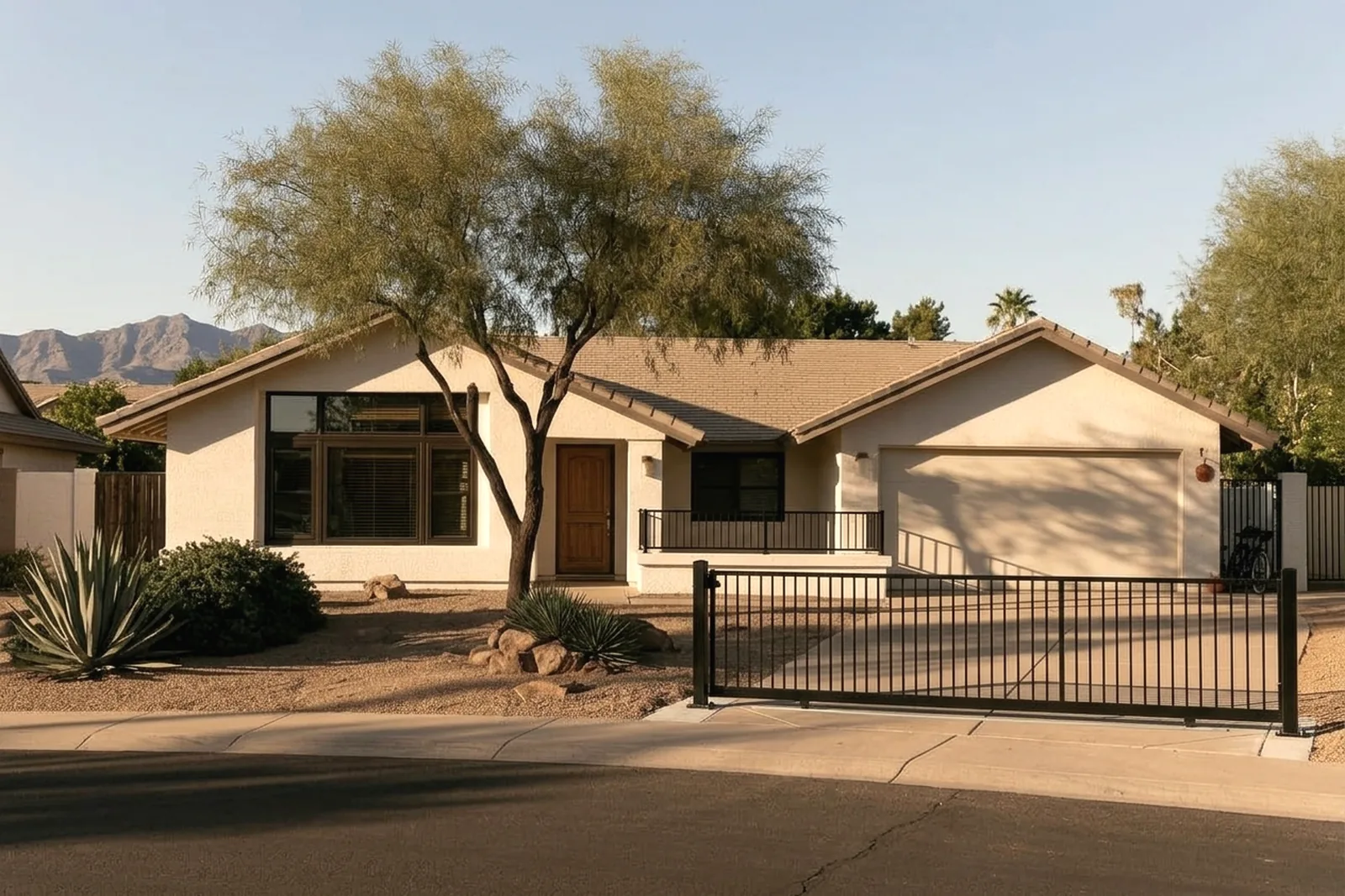 Stucco home with iron porch railings and a driveway gate