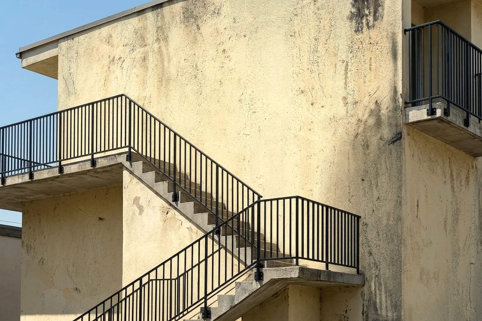 Two-story home with metal exterior stair and balcony railings