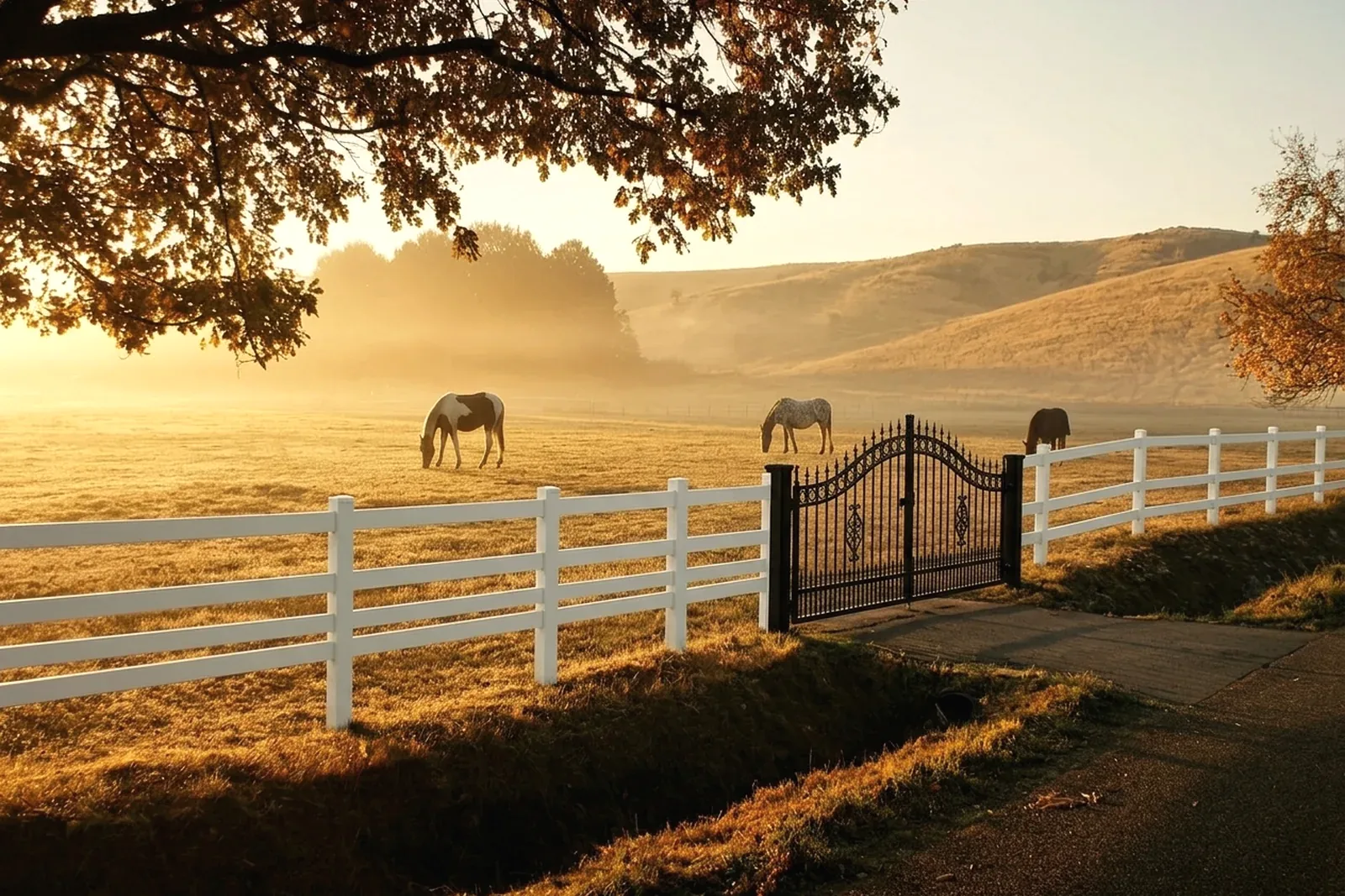 Ranch property with a black iron entry gate and horse paddock