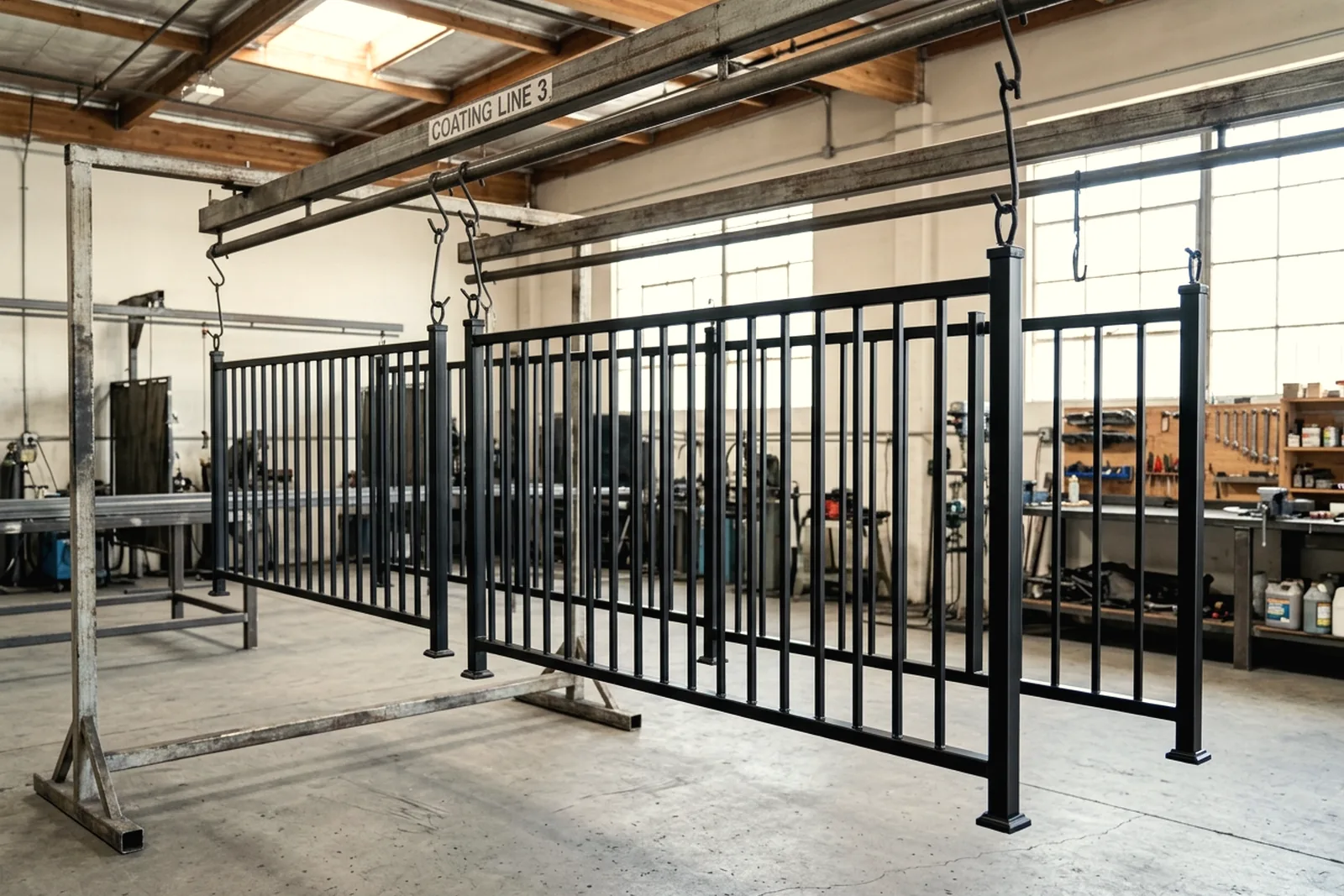 Powder-coated black railing sections on racks in a finishing shop