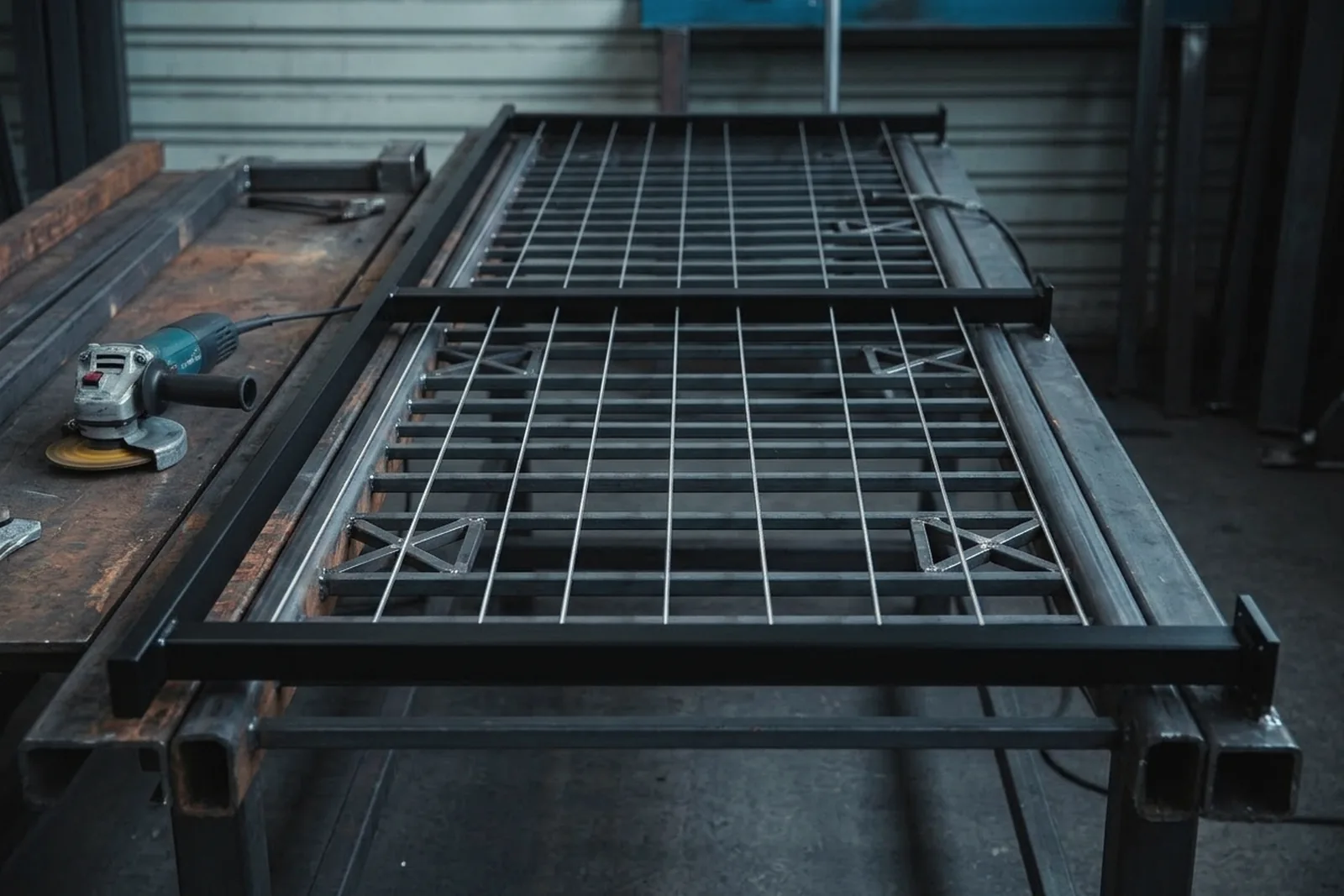 Railing design sketch, tape measure and metal samples on a workbench